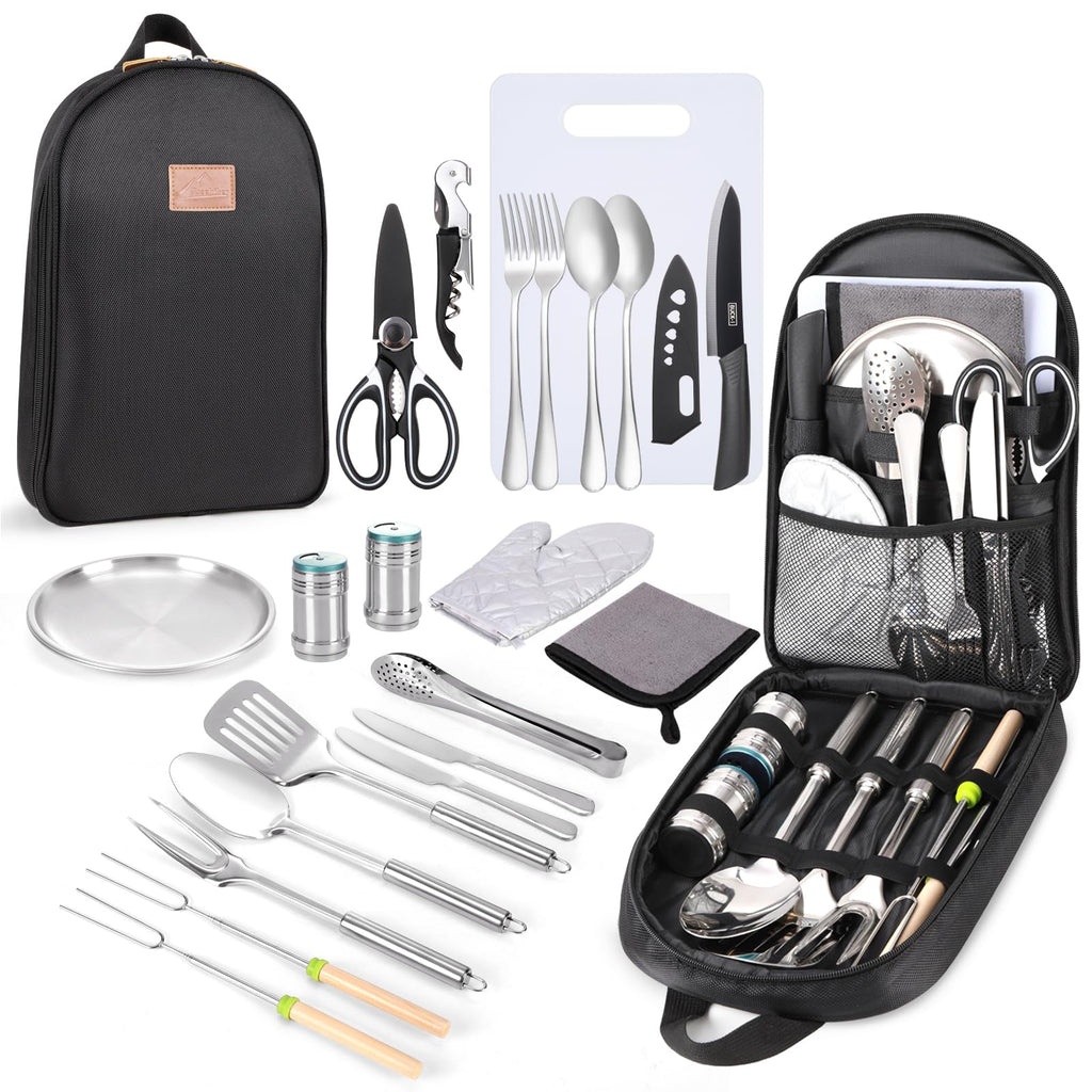 Camping Cooking Utensils Set- Camping Essentials Camping Accessories Gear Must Haves Camper Tent Camping Kitchen Equipment RV Cookware Supplies Gadgets Outdoor Stove Portable Picnic Gifts BBQ Stuff Gadgets and Gizmos