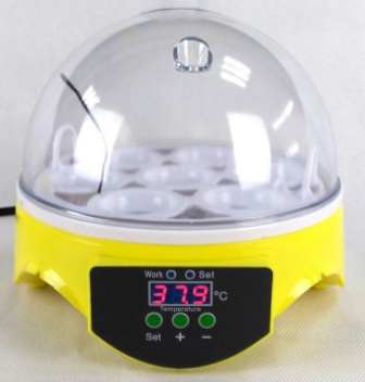 Yellow incubator with digital temperature display on a white background