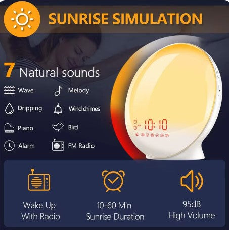 Sunrise simulation device with various sound options and settings on a dark background