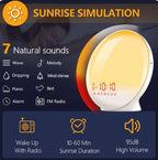 Sunrise simulation device with various sound options and settings on a dark background