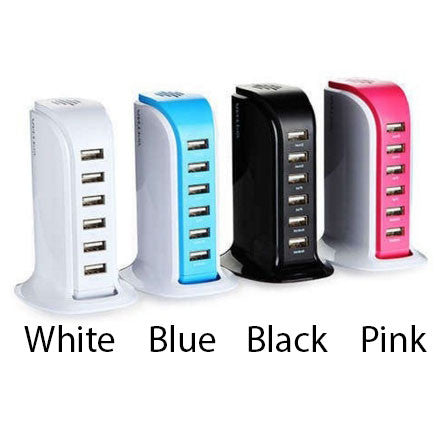 Four USB chargers in white, blue, black, and pink on a white background.