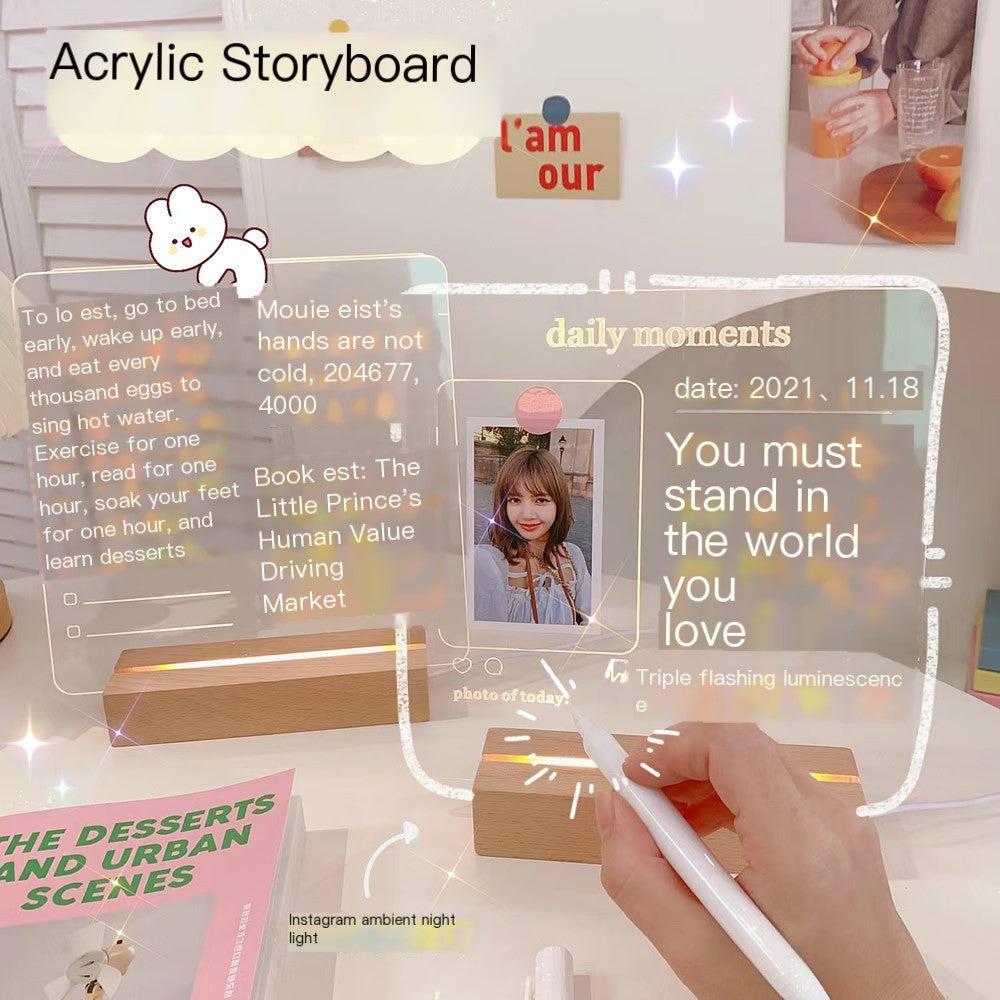 Acrylic storyboard with text and images on a desk