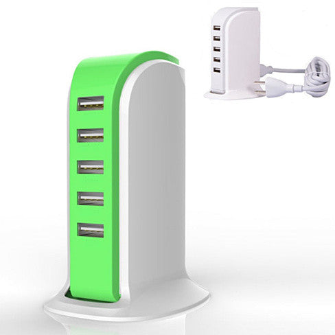 Green and white USB charging station with multiple ports on a white background