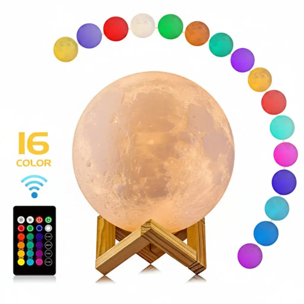 3D printed moon table lamp glowing with realistic lunar surface texture