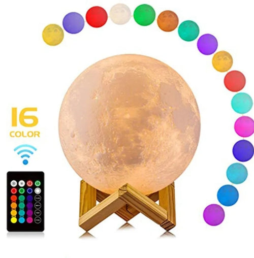 3D printed moon table lamp glowing with realistic lunar surface texture