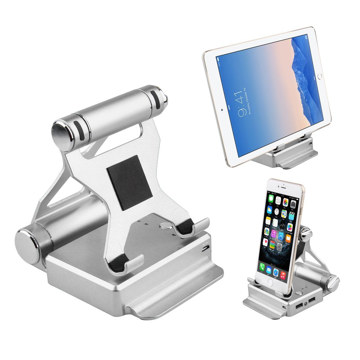 Multi-device charging stand with tablet, smartphone, and smartwatch on a white background