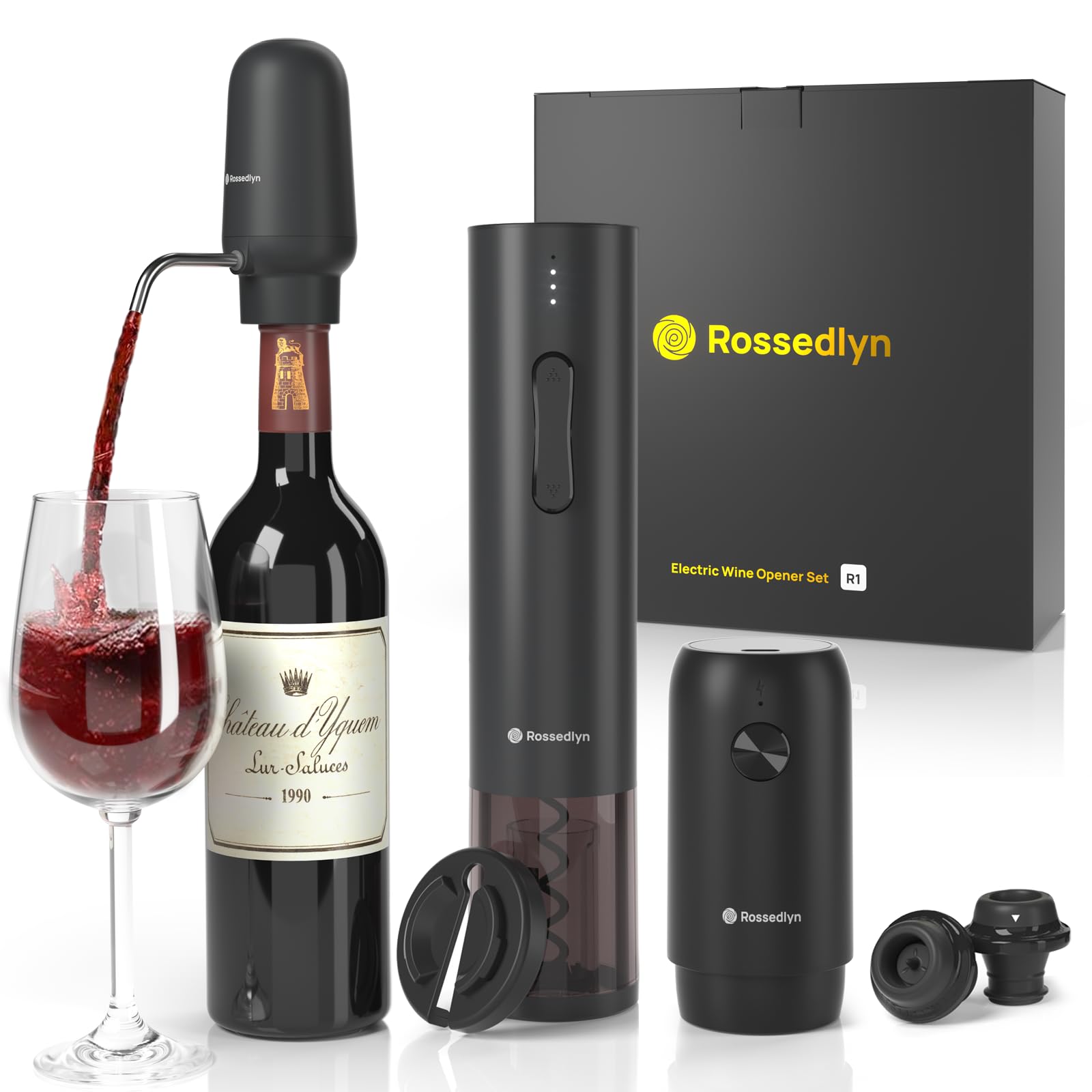 Rossedlyn Rechargeable Electric Wine Opener Gift Set - Aerator Bottle Opener Foil Cutter Wine Vacuum Pump and Stoppers for Home Bar Outdoor Party Gadgets and Gizmos