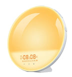 Round yellow light therapy lamp with digital display on a white background